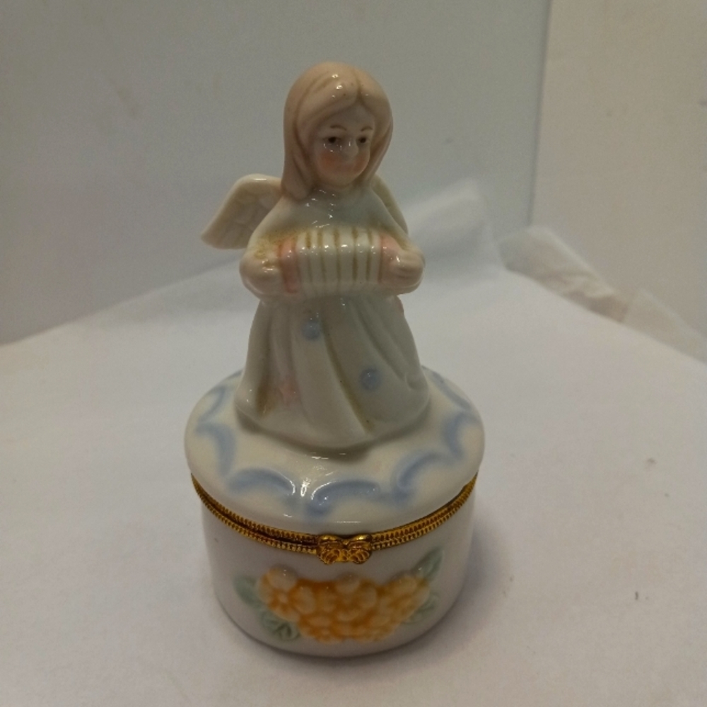 GREENBRIER Angel Porcelain Ceramic Holding Accordion Figurine White Blue trim